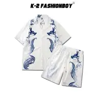 在飛比找蝦皮商城優惠-【K-2】白色套裝 特色 水墨 藝術 文青 復古 短袖襯衫 
