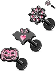 [CM Crareesi Mania] Flat Back Earrings Halloween 16G Cartilage Earrings Studs Black Pink Conch Piercing Jewellery 8mm Tragus Forward Helix Jewelry Labret Lip Piercing Jewellery for Women Men