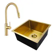 ACA 440x440mm Brushed Gold Kitchen Sink With Tap Set Single Bowl Kitchen Laundry Sink Handmade Stainless Steel