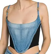 [IDLEBONE] Womens Luxury Denim Corset Top (Brand Zip-up Bustier) Navy Blue & Black