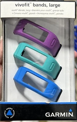 New In Box GARMIN Vivofit Replacement bands 3 Pack Purple, Teal, Blue Large