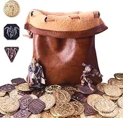 70PCS Metal DND Coins & Leather Bag, Contains 30 Gold Coins, 20 Sliver Coins and 20 Copper Coins, Fantasy Coins for Board Game, Game Token with Retro Leather Pouch, Medieval Game Retro Props