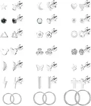 [Staligue] 21 Pairs Stainless Steel Earrings Set for Women Men Hypoallergenic 20G Flat Back Studs Earrings and Hoop Earrings Set Star Moon flower Snake Leaf Cartilage Piercing Earrings Jewelry Gifts