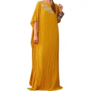 Kaftan Women Maxi Dress Loose Caftan Ethnic Embroidery Gown Muslim Abaya Dubai