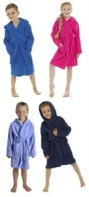 Childrens Kids Plain 100% Cotton Hooded Terry Towelling Bath Robe Dressing Gown
