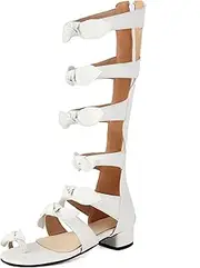 [Onewus] Women's Roman Gladiator Flip-Flops with Butterfly Bow Tie Straps and Back Zipper - Low Chunky Heel
