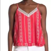 19 Cooper Women's Top String Strap Lace Contrast V-Neck Cami Coral/Red Medium