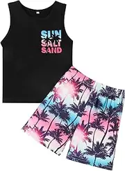 [NARPLO] Toddler Boy Clothes Summer Baby Boy Clothes Outfits Holiday Style Sleeveless Letter Print Tank Tops + Shorts Set