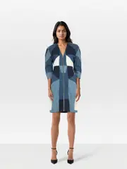 Denim Patchwork V Neck Dress