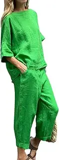 [HanzhuoLG] Women's Cotton Linen Tracksuit Set Summer Solid Color Casual Loose Half Sleeve Linen Shirt & Pants Two Piece Set Green Small