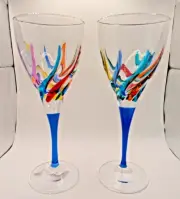 CC ZECCHIN MURANO Wine Glass, Rainbow Swirl Pattern 8-1/8” Tall, Set of 2