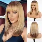 Ombre Blonde Wig with Bangs Shoulder Length Straight Layered Wigs,Heat Resist...