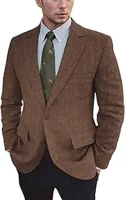 [LYOUCI] Vintage Mens Tweed Blazer Retro Wool Blend Suit Jackets Herringbone Two Button Sport Coat Prom Business Casual Wedding