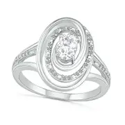 Oval White Lab-Created Sapphire and 0.07 CT. T.W. Diamond Swirl Frame Triple Row Split Shank Ring in Sterling Silver