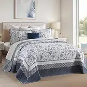QuiltMuse Cotton Bedspread King Size 120x120 - Soft Lightweight Oversized King Quilt with 2 Pillowshams, Farmhosue Reversible Botainical 3 Pieces Quilted Bedding Coverlet for All Season, Blue/White