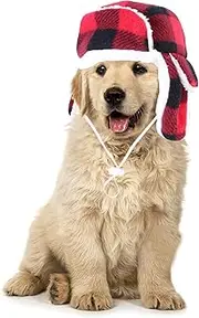 Christmas Dog Hat with Earmuffs,Warm Winter Dog Hat with Adjustable Elastic Band,Red Plaid Pet Cap,Pet Ears Warm,Snood Head Wrap,Xmas Dog Headwear,Christmas Dress up Costume Hat (Red, One Size)