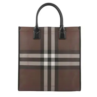 【BURBERRY 巴寶莉】Denny 塗層帆布及小牛皮直式托特包(暗樺木棕色)/ 平行輸入