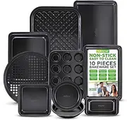 NutriChef 10-Piece Non-Stick Baking Pans Set - Deluxe Carbon Steel Bakeware Set w/Cookie Sheets, Muffin Pan, Roasting Pan, Cake Pan, Baking Tray, Pizza Pan - Easy to Clean, Black
