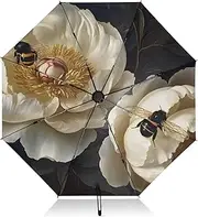[PDZRMY] UV Protection Travel Umbrella Floral Bee White Compact for Rain and Sun - Auto Open and Close UPF 50+ Windproof Portable 46” Sun Umbrella for Women and Men