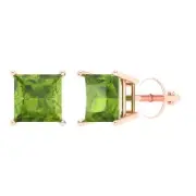 4.0ct Princess Cut Solitaire Natural Peridot Stud Earrings Solid 14k Rose Gold