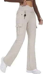 [Casei] Flare Leggings for Women Yoga Crossover High Waist Pants with Tummy Control Workout Cargo with 5 Pockets Bootcut Leggings
