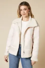 Dorothy Perkins Womens Jacket Cream Zip Through Borg Aviator Faux Suede Coat