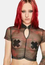 [Punk Rave] Dark Sheer Printed Fabric Short-Sleeved T-Shirt