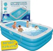 Inflatable Family Size Swimming Pool with Grip Handle Bars and Blow Up Padded Floor with Drain - 90"x60" Rectangular Kiddie Pool Perfect for Adults and Kids Ages 3+