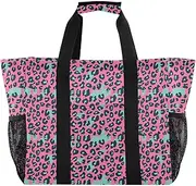[sanluoli] Tote Bags Collapsable Beach Tote With Pockets Canvas Cars Tote Bag, Pink and Green Leopard Print, 1 size