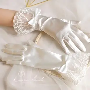 白色緞面蝴蝶結蕾絲婚禮短手套婚紗手套禮儀手套結婚婚紗配飾拍照