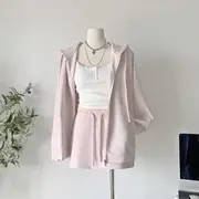 Henley Plain Lace Trim Ribbed Crop Camisole Top / Drawstring Waist Mini A-Line Skirt / Zip-Up Hoodie Skirt - Melange Gray - S