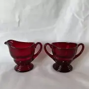 Vintage Anchor Hocking Royal Ruby Red Creamer & Sugar Glassware Set - Rare!