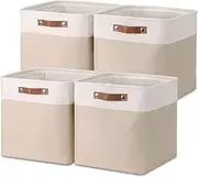 [VIIHTYISA] Fabric Storage Box, Set of 4, Cube 28 x 28 x 28 cm, Storage Boxes with Imitation Leather Handle for Cube Shelves, Shelves, Wardrobe, Khaki and White