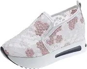 [Generic] Womens Canvas Shoes Casual Ladies Fashion Breathable Lace Mesh Flower Embroidery Round Head Thick Bottom Comfortable Casual Shoes Women Sandals Casual Pink