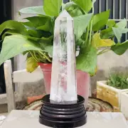 416g Natural Transparent White Crystal Obelisk Quartz Wand Tower Specimen+Base