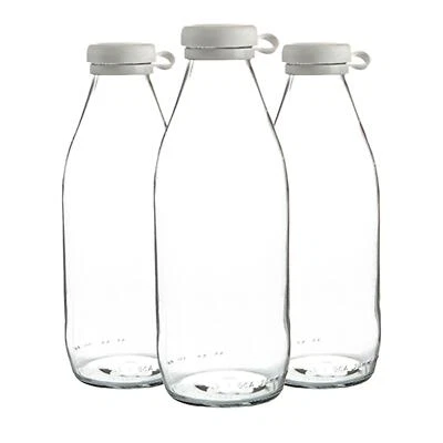 3x Glass Milk Bottles Silicone Lid Large Fridge Storage Carafe Decanter 1 Litre