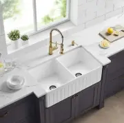 838*457*255mm Greenwich Fireclay Farmhouse Fluted Gloss White Double Bowl Sink