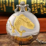 Men's Quartz Pocket Watch Fishing Design Fob Gold Fish Full Hunter Pendant Chain