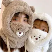 Cartoon Bear Ear Lamb Beanie Hat With Mask Warm Winter Ear Protection Autumn Cap