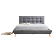 Grey Linen Queen Bed Frame and Headboard with Button Detail