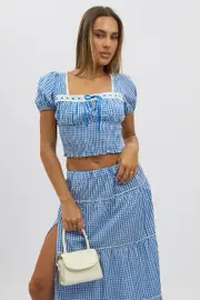 Blue Check Square Neck Puff Sleeve Lace Trim Top - Size 16XL, Women's Top