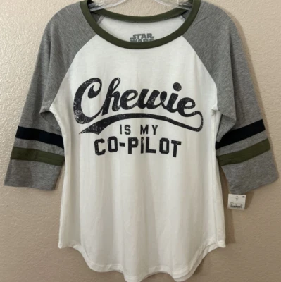 STAR WARS Chewie is my Co-Pilot T- Shirt 3/4 Sleeve Baseball White -Gray Size M