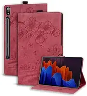 [Dteck] Premium PU Leather Case for Samsung Galaxy Tab S9 FE 10.9"/S9 S8 S7 11 Inch With S Pen Holder, Embossed Flower Folio Stand, Auto Wake/Sleep, Soft TPU Back Cover - Winred