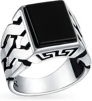 [Bling Jewelry] Biker Urban Classic Braided Cable Wheat Wide Link Chain Band Heavy Solid Black Onyx Gemstones Rectangle Large Statement Signet Ring For Men .925 Sterling Silver Handmade In Turkey