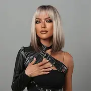 Short Straight Ombre Brown Bob Wigs with Bangs 14" Dark Roots Synthetic Ombre Brown Blonde Bob Wigs for Women Daily Use (A)
