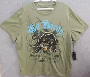 Ed Hardy Olive T-shirt Men's Black Panther Tattoo Short Sleeve Graphic Print NWT