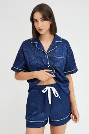 Blue Animal Print Pyjama Set Leopard Jacquard Contrast Piping PJ - Size L, Women's Satin Set