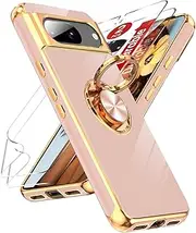 [LeYi] for Pixel 8 Case: Google Pixel 8 Case with 2 Pack Free Screen Protector and 360°Rotatable Ring Holder Magnetic Kickstand, Plating Rose Gold Edge Protective for Pixel 8, Pink