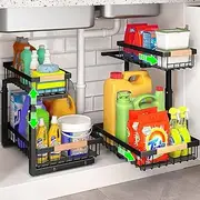 Under Sink Organizer, 2 Tier Under Sink Storage, Metal Sliding Drawer with Unique Slide Rail, Adjustable Height, Suction Cups and Tapes Fixed, for Kitchen Bathroom Pantry Cabinet