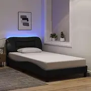 Bed Frame with LED, King Single, Black Fabric, Modern Platform Headboard, Plywood Slats, No Mattress